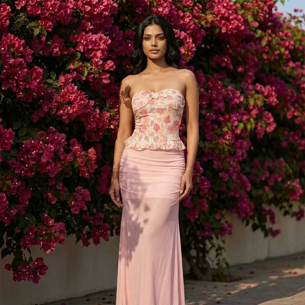 Hand Printed Floral Pink Skirt & Top Set