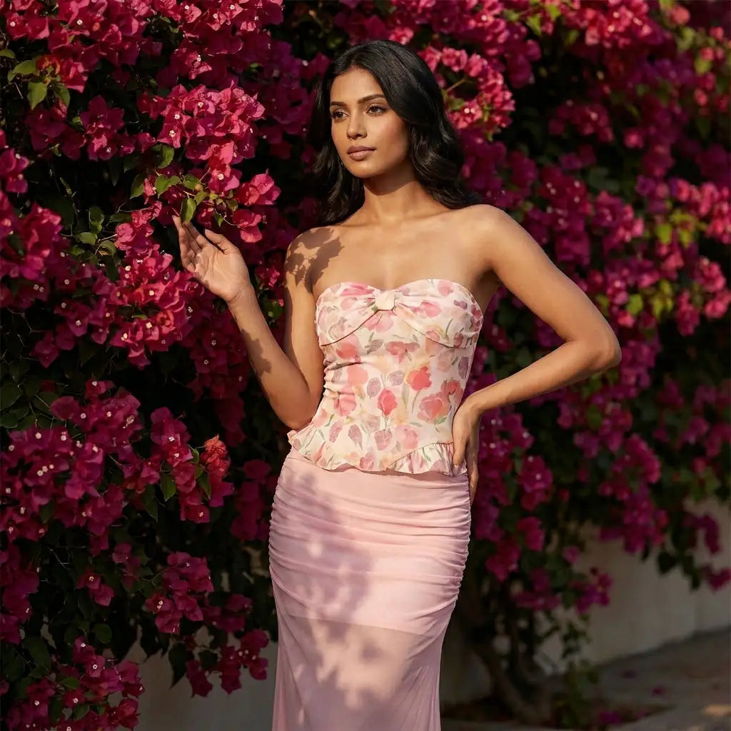 Hand Printed Floral Pink Skirt & Top Set