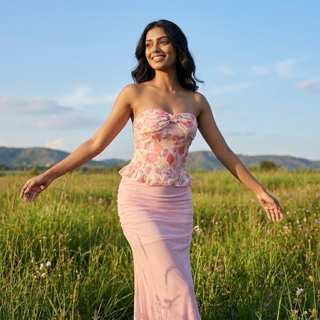 Hand Printed Floral Pink Skirt & Top Set